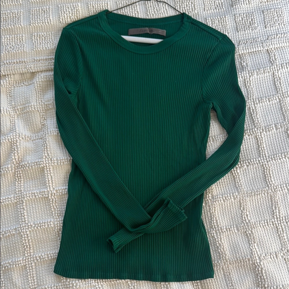 Enza Costa Fitted Green Ribbed Long Sleeve Tee